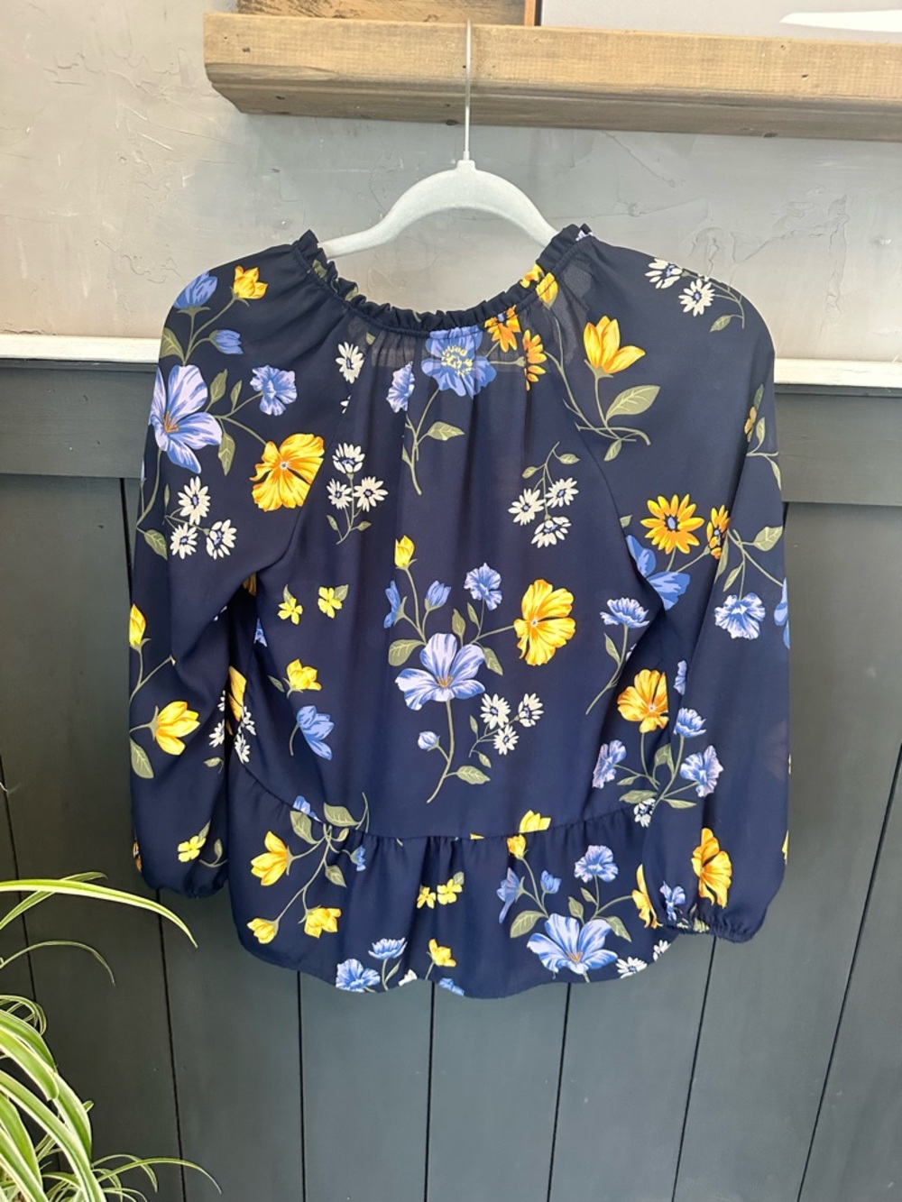 Old Navy Navy Floral Peasant Blouse with Blue and Yellow Flowers - Picture 2 of 10